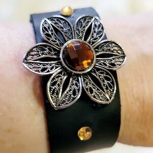 Elegant Black and Silver Floral Bracelet. Black Leather Strap. Adjust 7.5 to 8.5